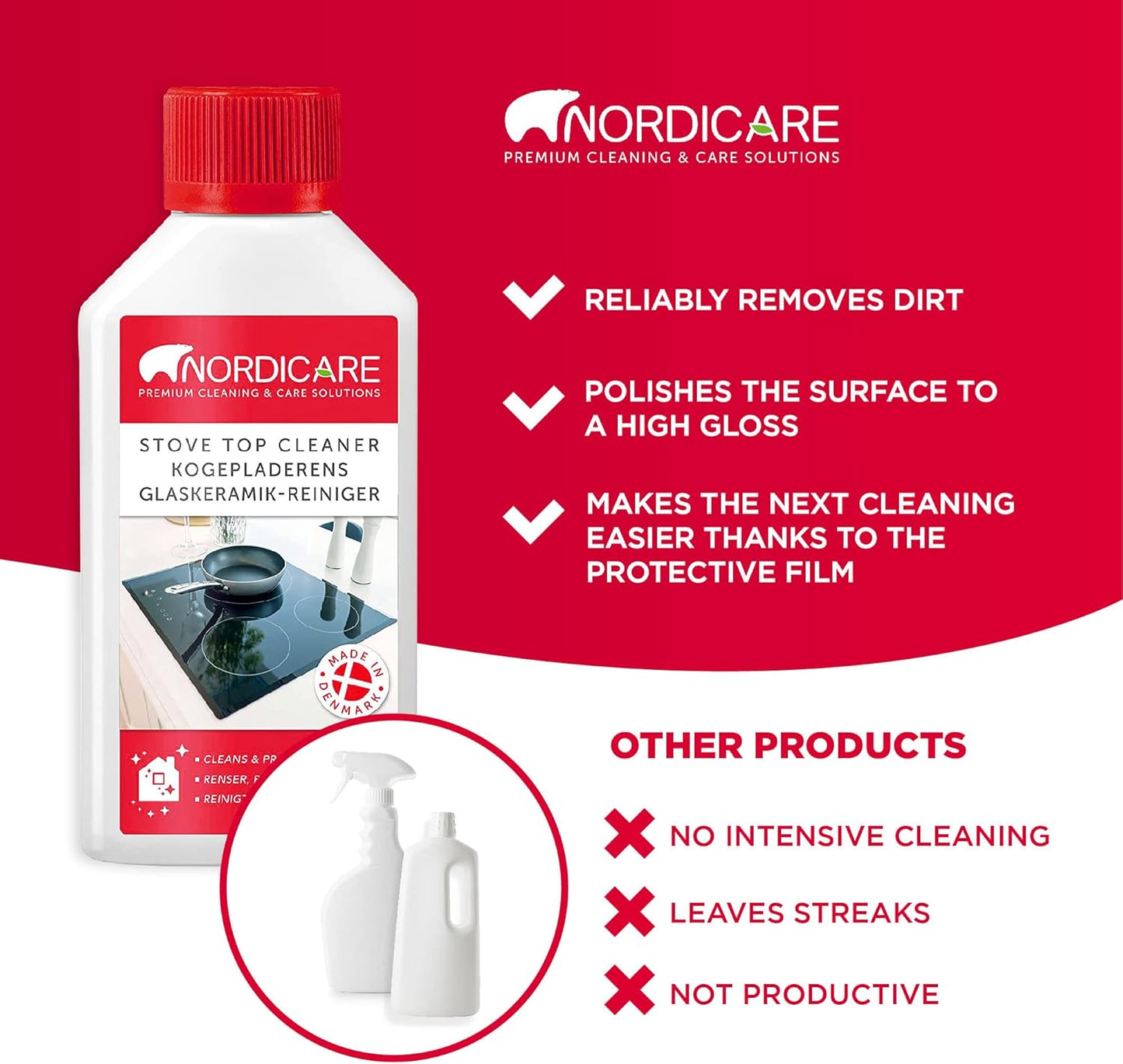 Nordicare Hob Cleaner Glass Ceramic - Induction Stove Top Cleaner Polish and Protector for Everyday Use - Made in Denmark (500ml)