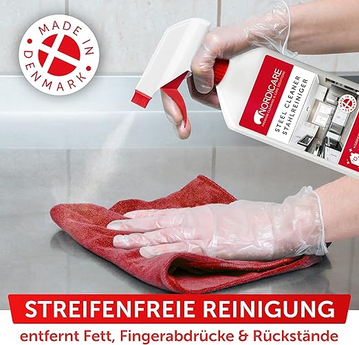 Nordicare Stainless Steel Cleaner and Polish Spray - Steel Cleanser for Fridges Stove Oven Sink - Removes Fingerprints, Water Marks, Residue And Grease From Appliances - Made in Denmark (500ml)