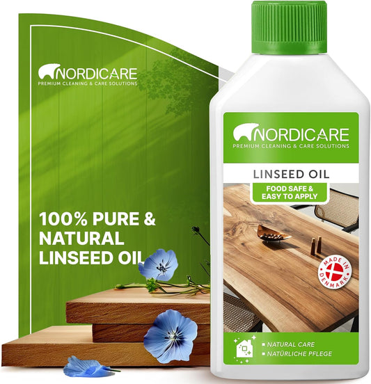 Nordicare Linseed Oil for Wood - Pure & Natural Linseed Oil for The Entire Indoor Area - Food-Safe Linseed Oil for Wood Furniture - Underlines The Original Wood Structure - Made in Denmark (500ml)
