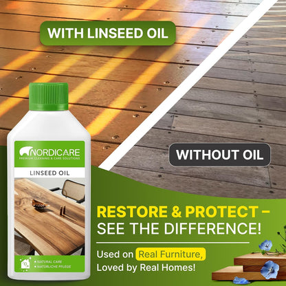 Nordicare Linseed Oil for Wood - Pure & Natural Linseed Oil for The Entire Indoor Area - Food-Safe Linseed Oil for Wood Furniture - Underlines The Original Wood Structure - Made in Denmark (500ml)
