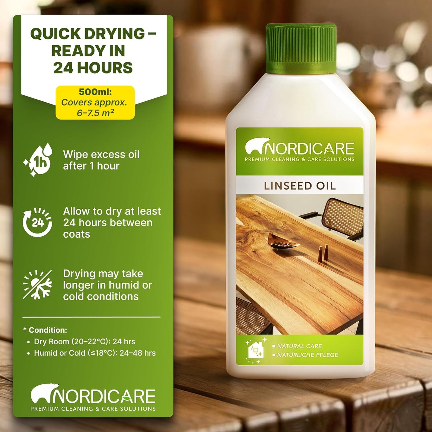 Nordicare Linseed Oil for Wood - Pure & Natural Linseed Oil for The Entire Indoor Area - Food-Safe Linseed Oil for Wood Furniture - Underlines The Original Wood Structure - Made in Denmark (500ml)