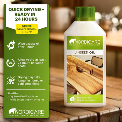 Nordicare Linseed Oil for Wood - Pure & Natural Linseed Oil for The Entire Indoor Area - Food-Safe Linseed Oil for Wood Furniture - Underlines The Original Wood Structure - Made in Denmark (500ml)