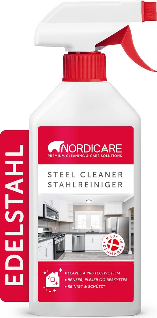 Nordicare Stainless Steel Cleaner and Polish Spray - Steel Cleanser for Fridges Stove Oven Sink - Removes Fingerprints, Water Marks, Residue And Grease From Appliances - Made in Denmark (500ml)